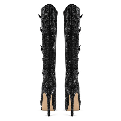 Platform Rhinestone Flower Knee High Boots - Onlymaker