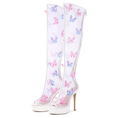 Mesh Open Toe Platform Butterfly Thigh High Boots - Onlymaker