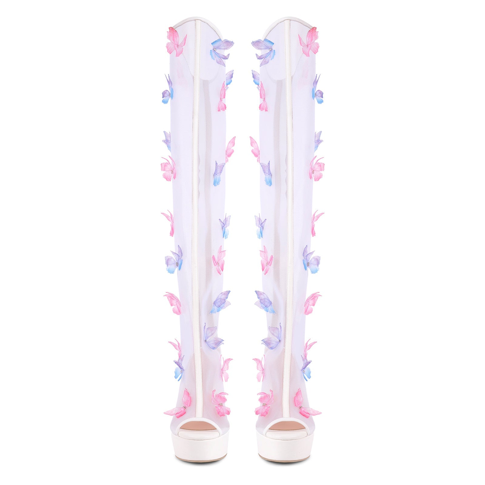 Mesh Open Toe Platform Butterfly Thigh High Boots - Onlymaker