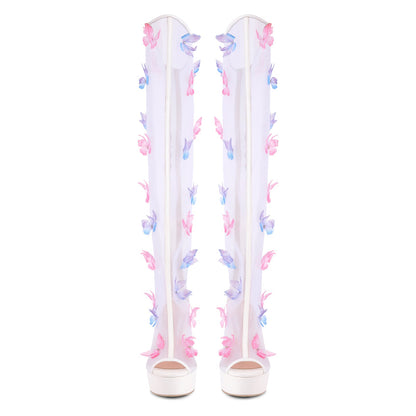 Mesh Open Toe Platform Butterfly Thigh High Boots - Onlymaker
