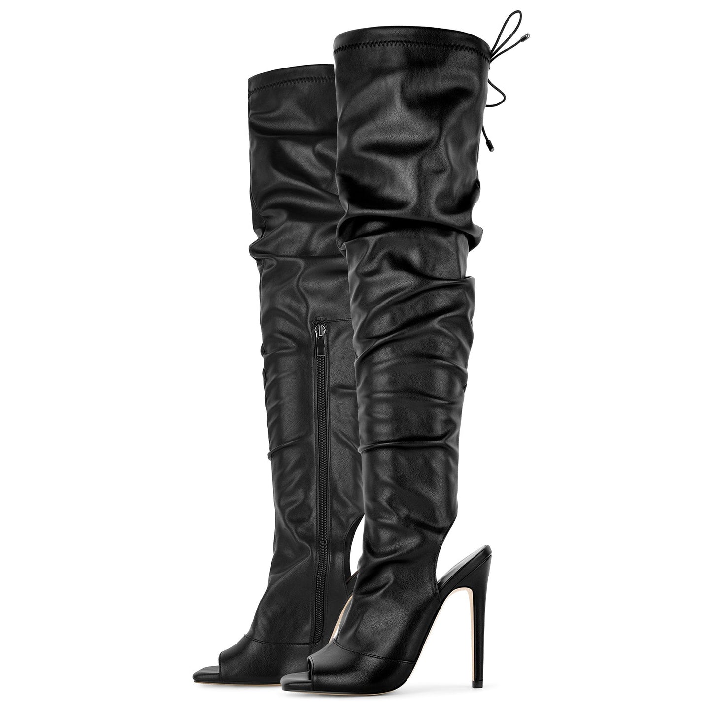 Open Square Toe Lace-up Thigh High Boots - Onlymaker