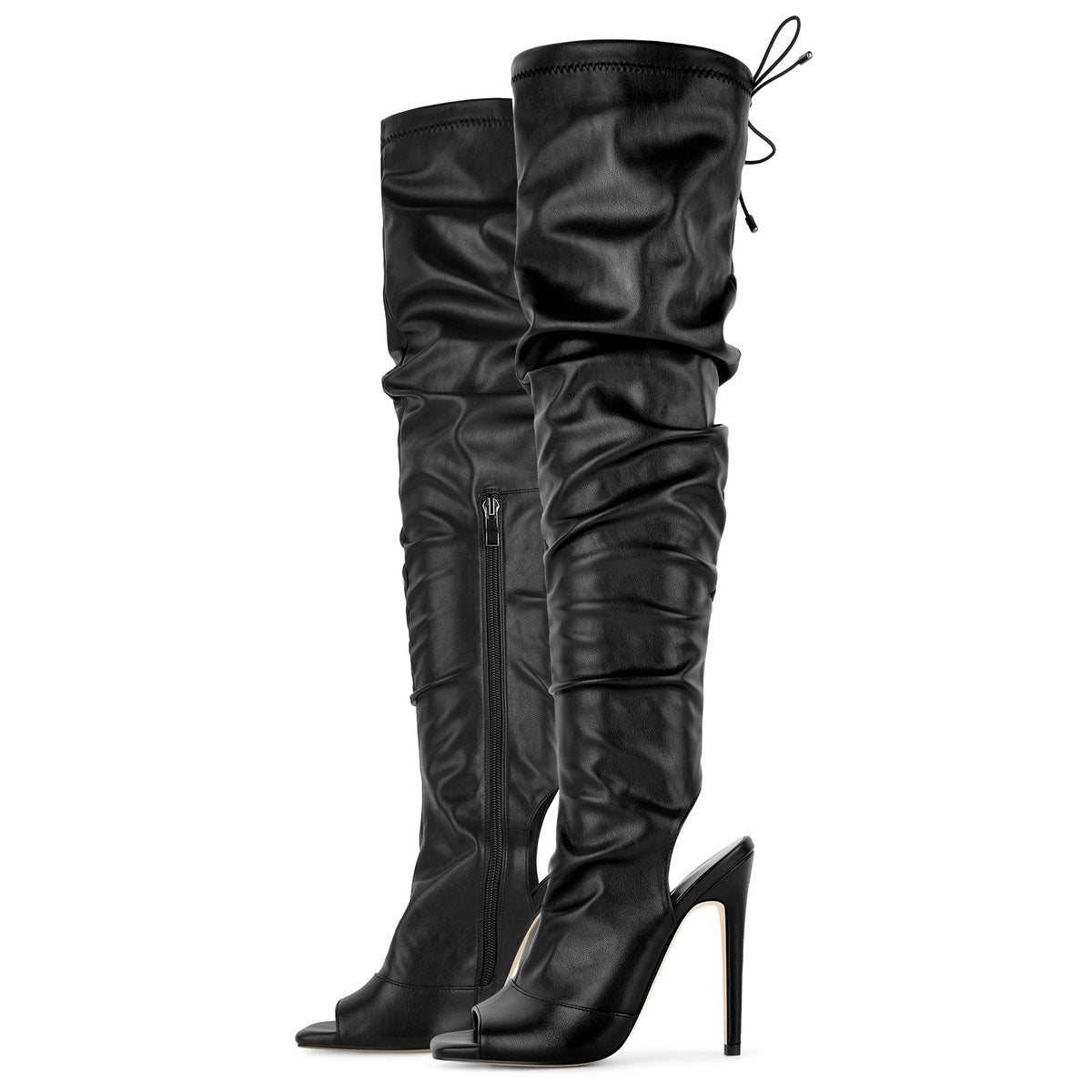 Open Square Toe Lace-up Thigh High Boots - Onlymaker