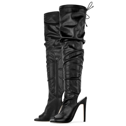Open Square Toe Lace-up Thigh High Boots - Onlymaker