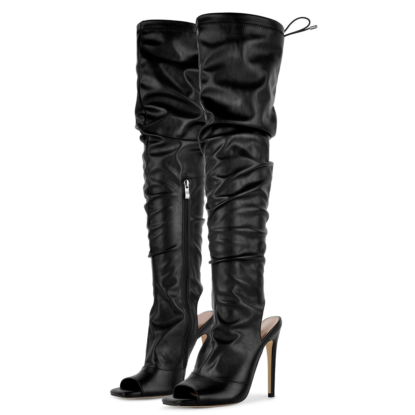 Open Square Toe Lace-up Thigh High Boots - Onlymaker