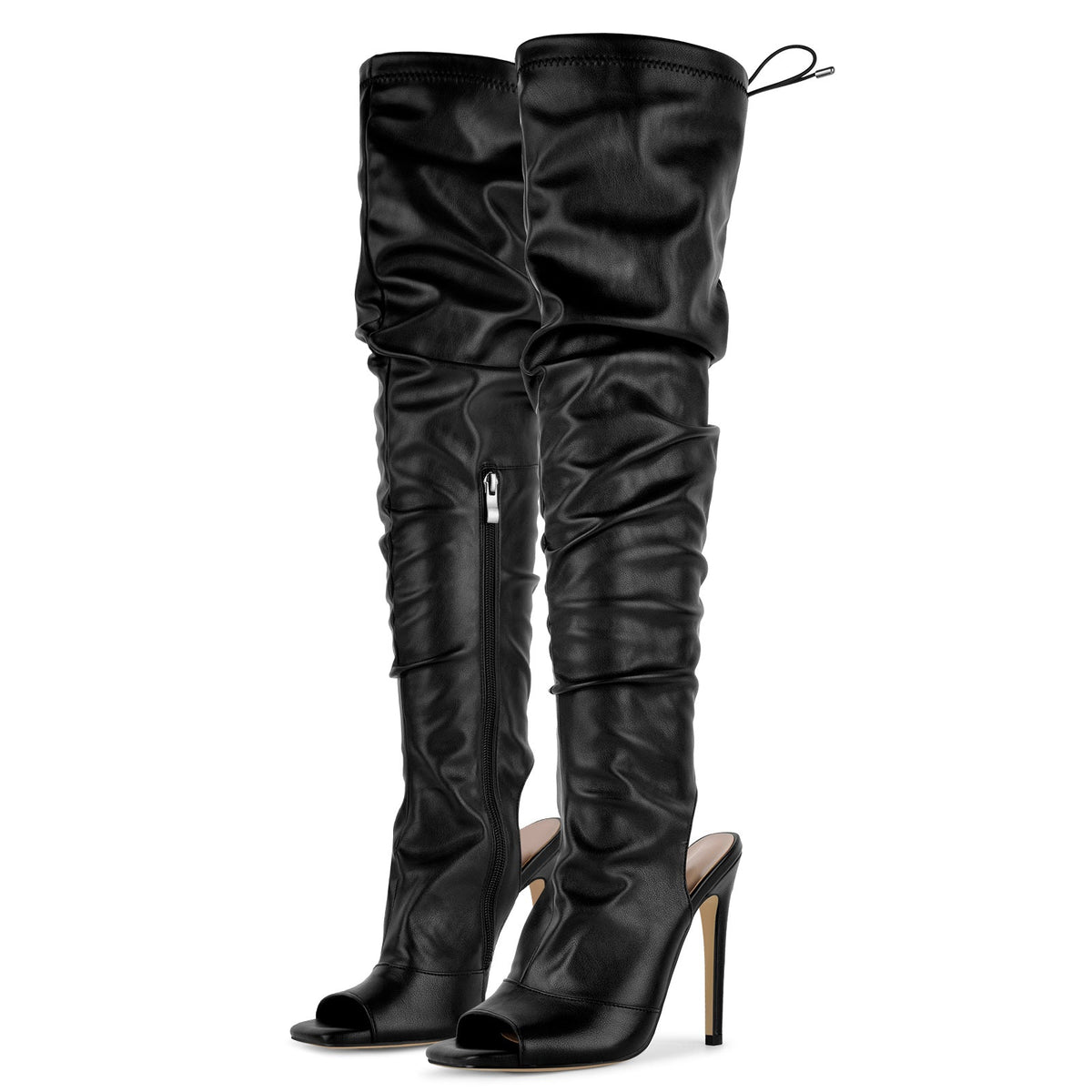 Open Square Toe Lace-up Thigh High Boots - Onlymaker