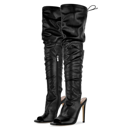 Open Square Toe Lace-up Thigh High Boots - Onlymaker