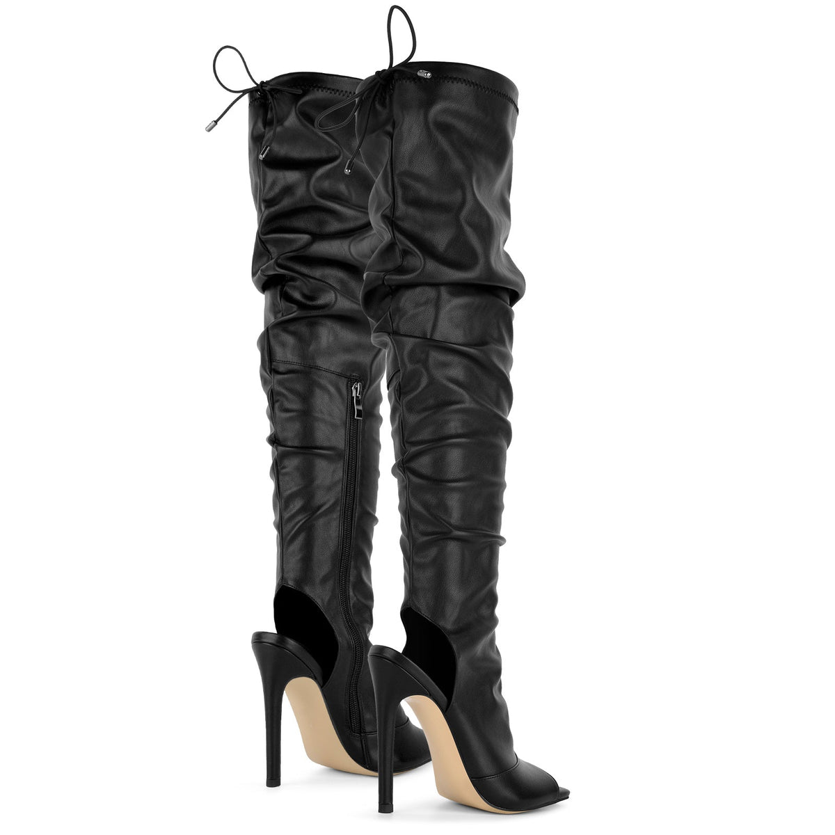 Open Square Toe Lace-up Thigh High Boots - Onlymaker