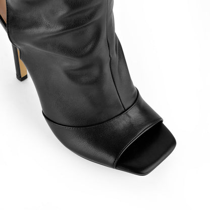 Open Square Toe Lace-up Thigh High Boots - Onlymaker