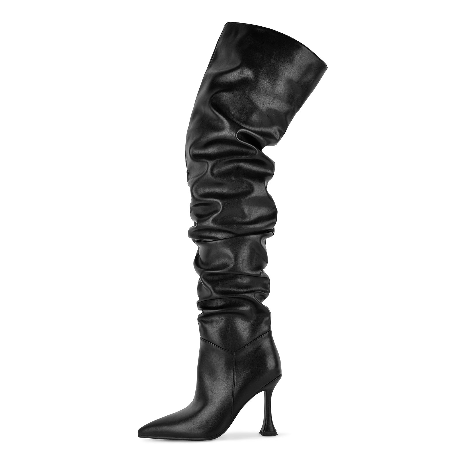 Pointed Toe Ruched Tapered Heel Thigh High Boots - Onlymaker