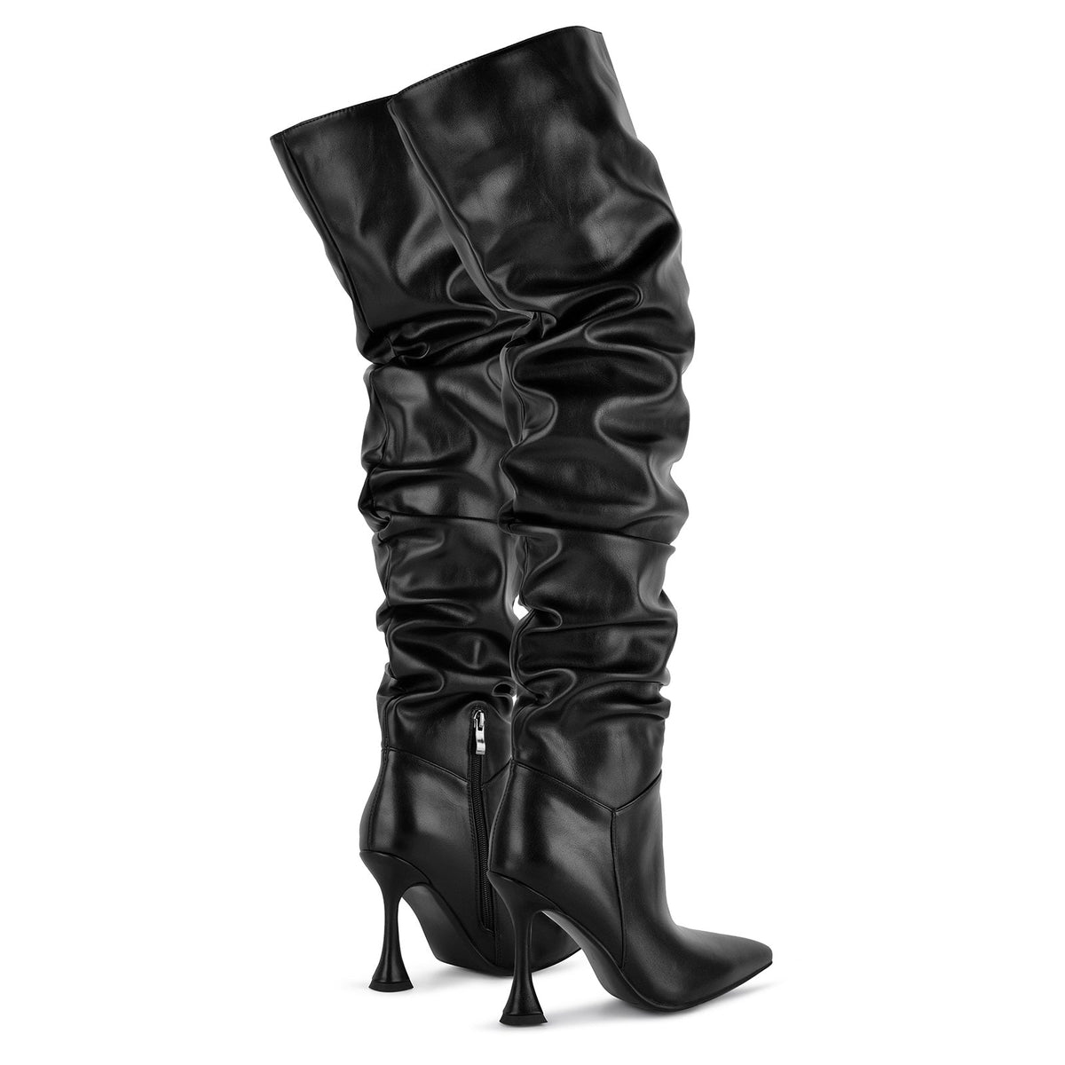Pointed Toe Ruched Tapered Heel Thigh High Boots - Onlymaker