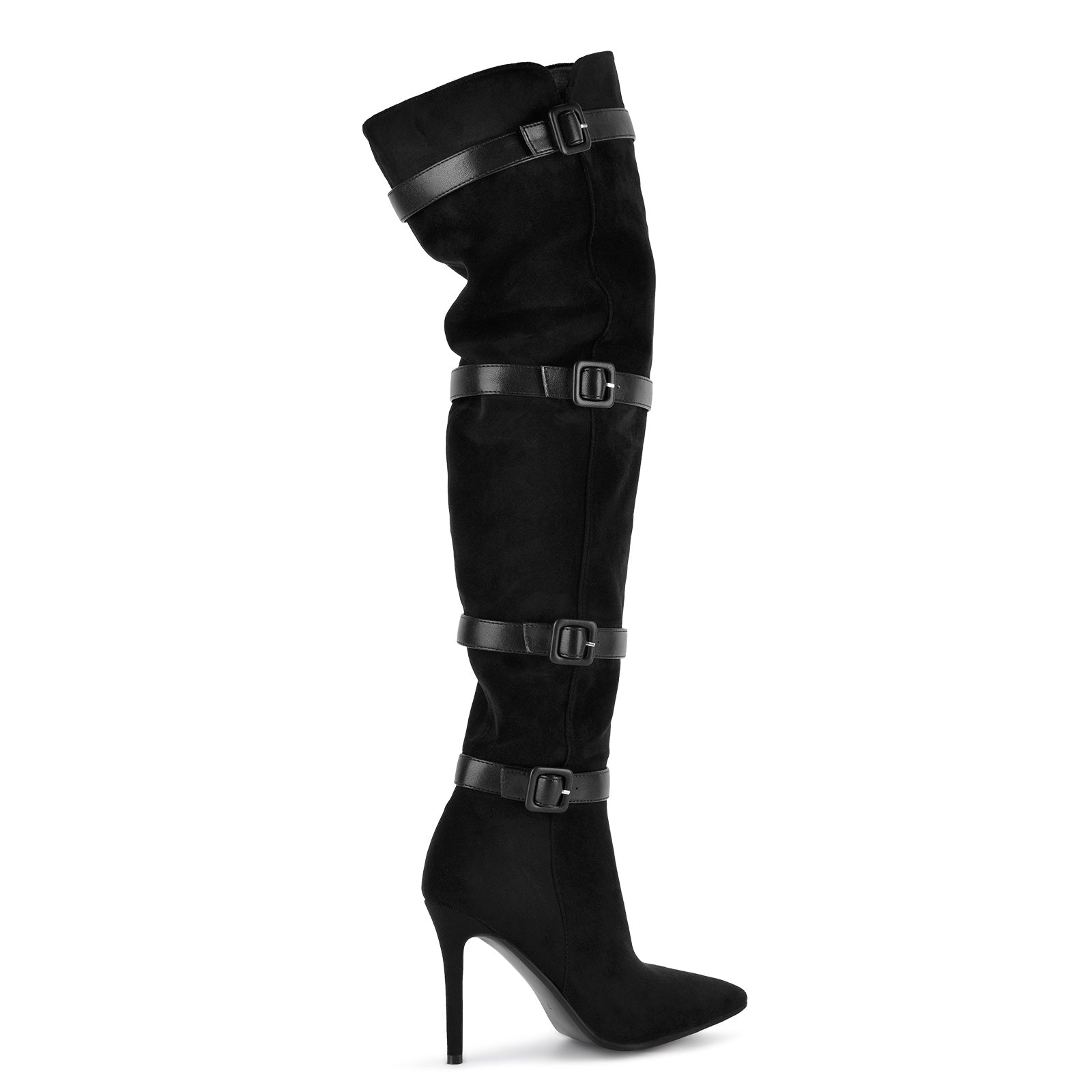 Suede Pointed Toe Buckle Strap Thigh High Boots - Onlymaker