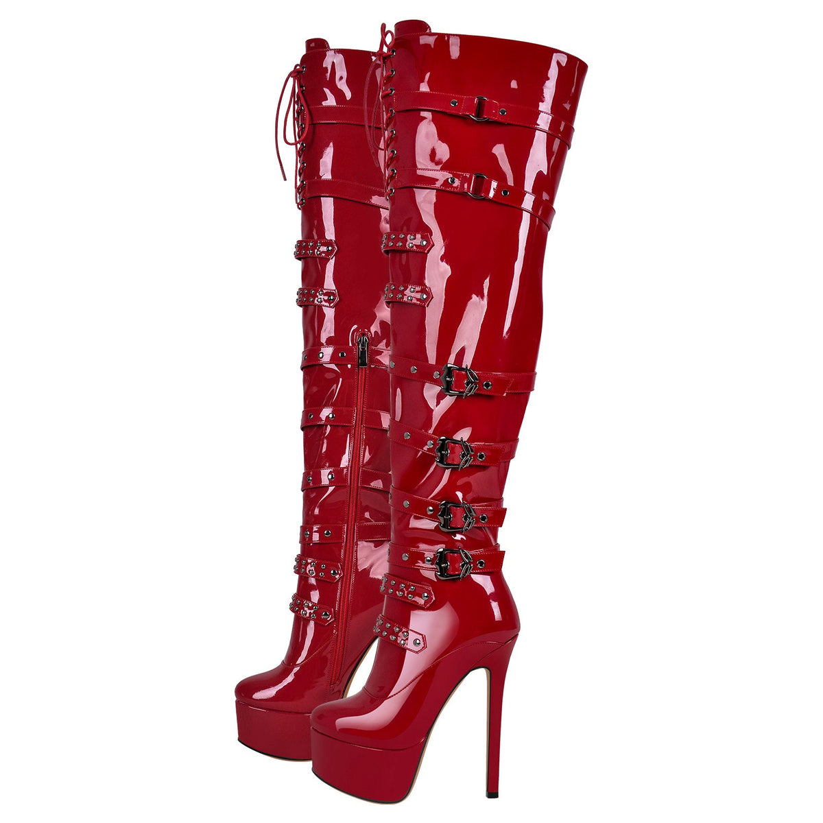 Buckles Round Toe Stilettos Over The Knee Platform Boots - Onlymaker