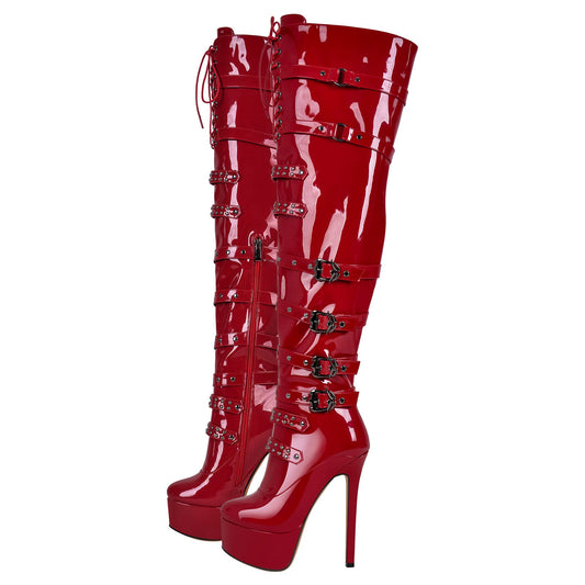 Buckles Round Toe Stilettos Over The Knee Platform Boots - Onlymaker