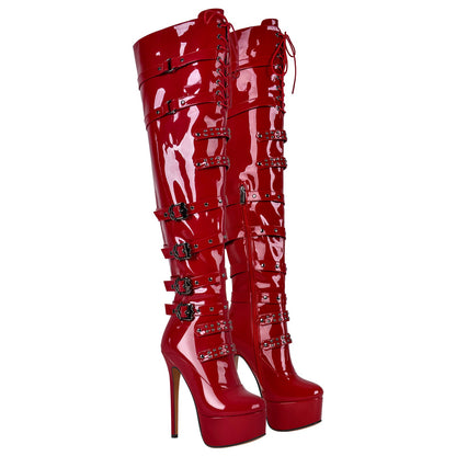 Buckles Round Toe Stilettos Over The Knee Platform Boots - Onlymaker