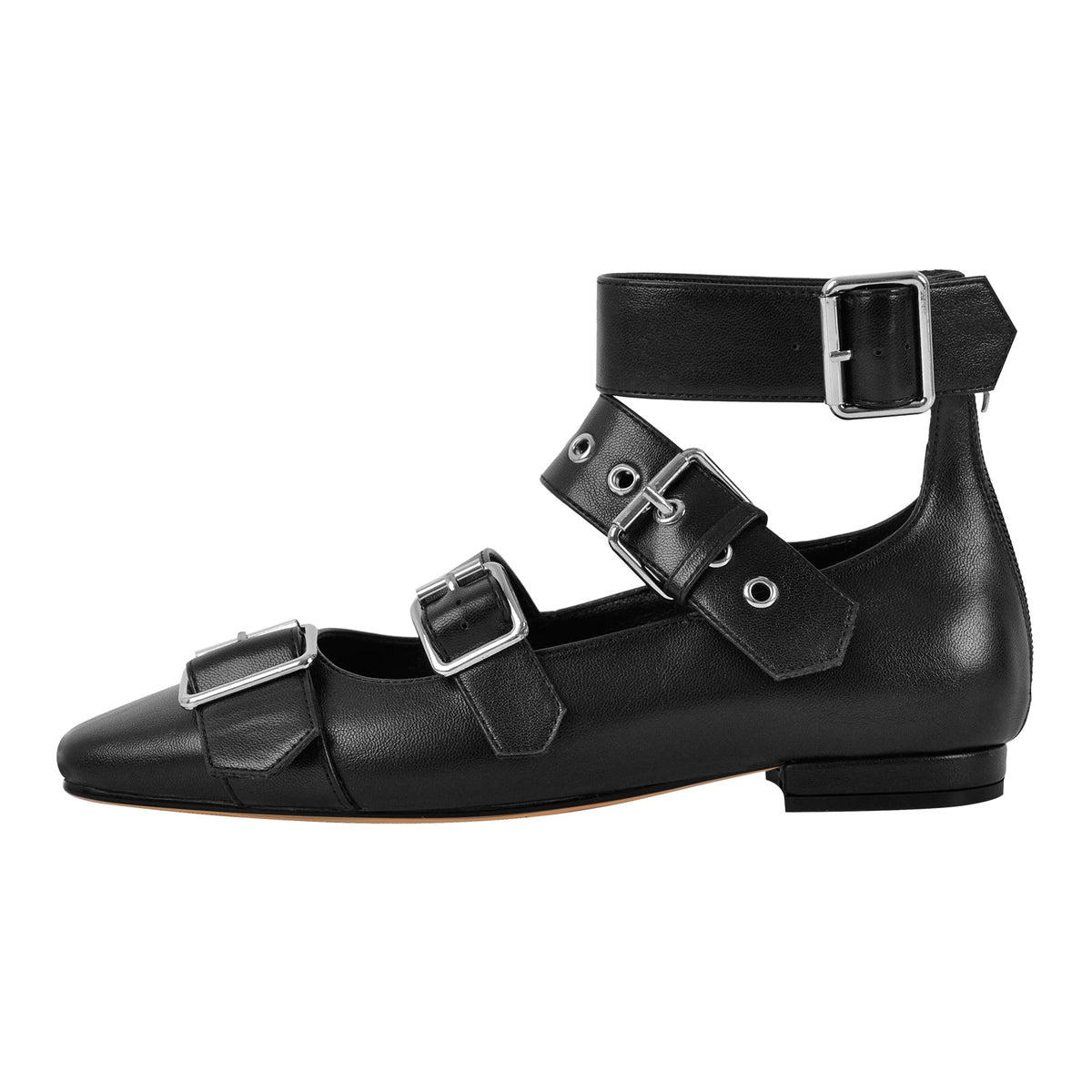 Square Toe Buckle Strap Flats - Onlymaker