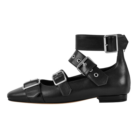 Square Toe Buckle Strap Flats - Onlymaker