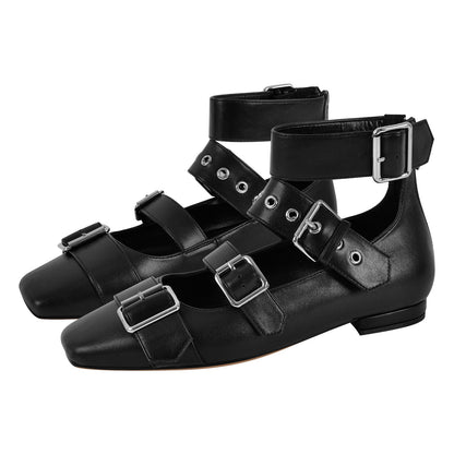 Square Toe Buckle Strap Flats - Onlymaker