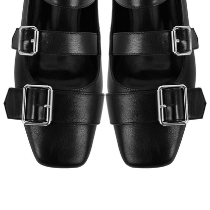 Square Toe Buckle Strap Flats - Onlymaker