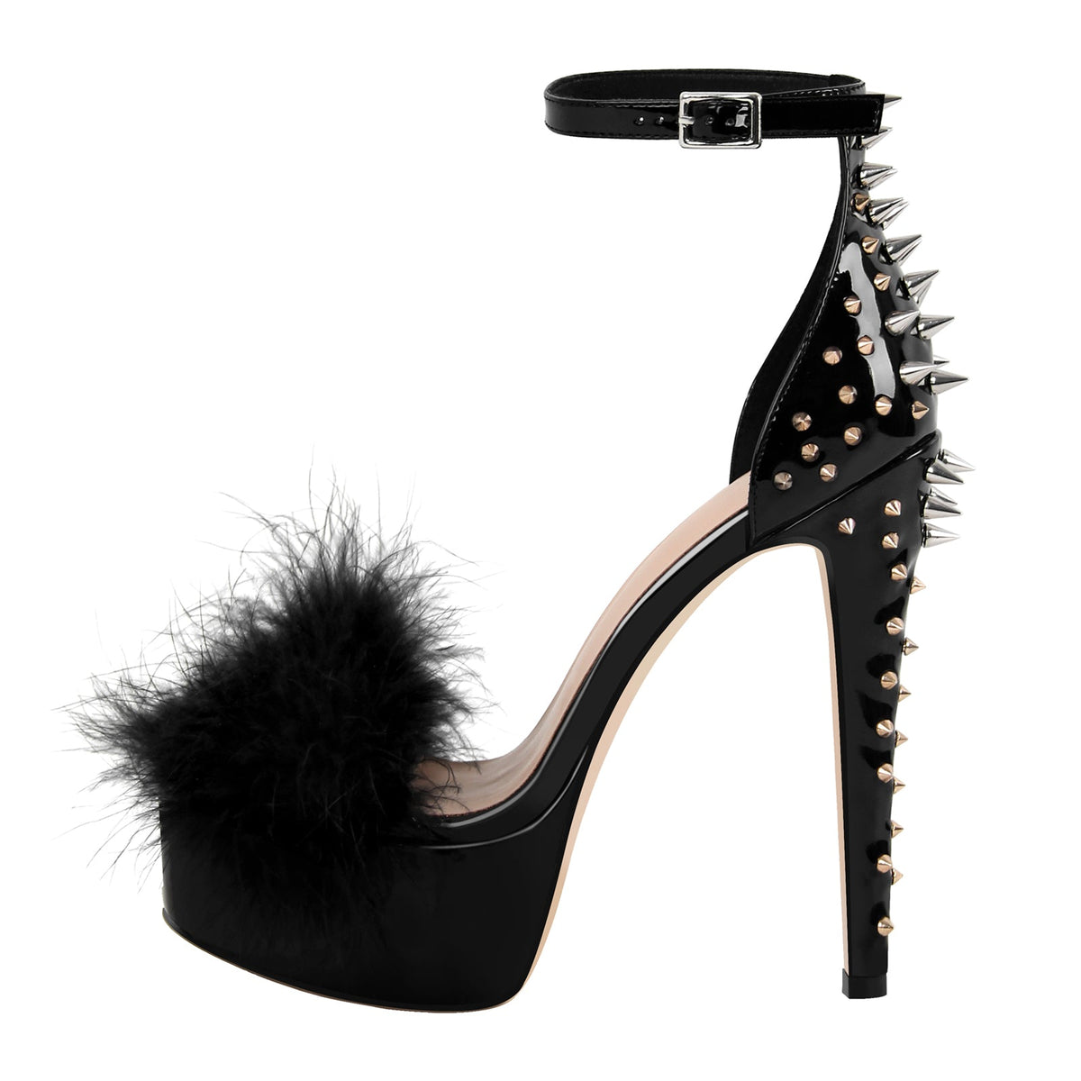 Fur Platform Rivet Ankle Strap Stiletto Sandals - Onlymaker