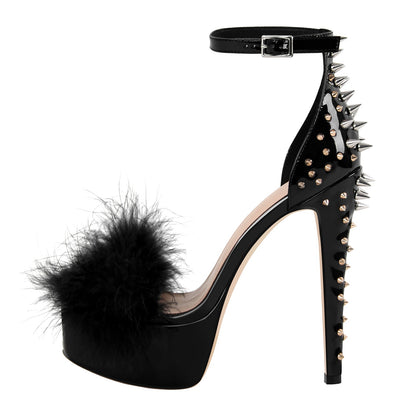 Fur Platform Rivet Ankle Strap Stiletto Sandals - Onlymaker