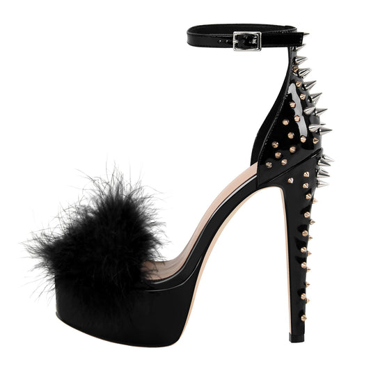 Fur Platform Rivet Ankle Strap Stiletto Sandals - Onlymaker