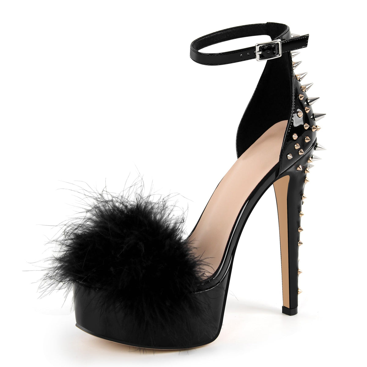 Fur Platform Rivet Ankle Strap Stiletto Sandals - Onlymaker