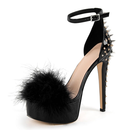 Fur Platform Rivet Ankle Strap Stiletto Sandals - Onlymaker