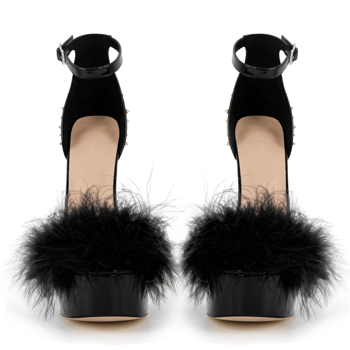 Fur Platform Rivet Ankle Strap Stiletto Sandals - Onlymaker