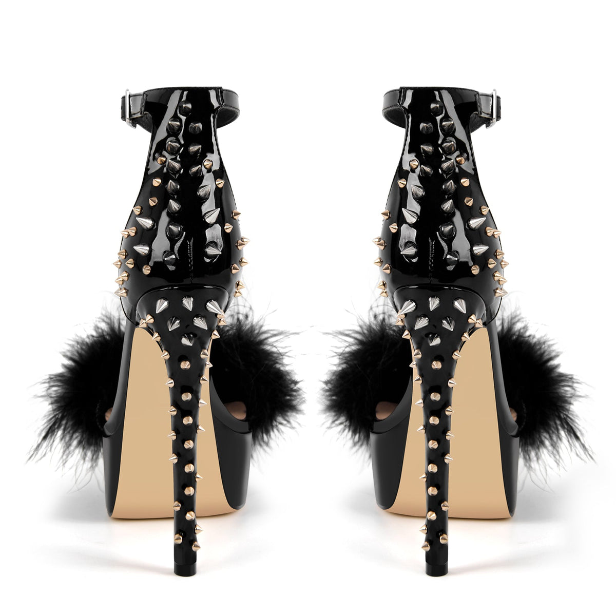 Fur Platform Rivet Ankle Strap Stiletto Sandals - Onlymaker
