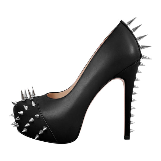 Rivet Round Toe Platform Stiletto Pumps - Onlymaker