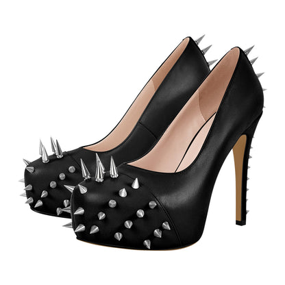 Rivet Round Toe Platform Stiletto Pumps - Onlymaker
