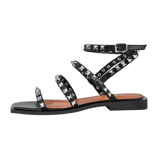 Rivet Square Toe Ankle Strap Flat Sandals - Onlymaker