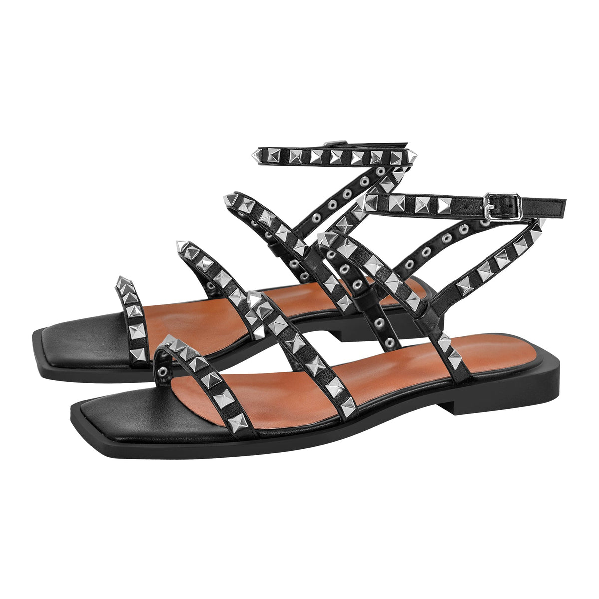 Rivet Square Toe Ankle Strap Flat Sandals - Onlymaker
