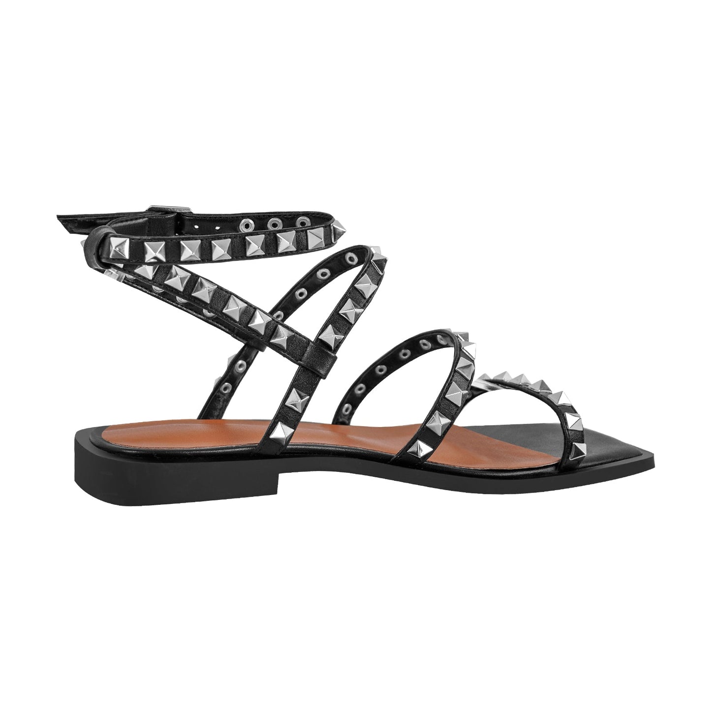 Rivet Square Toe Ankle Strap Flat Sandals - Onlymaker