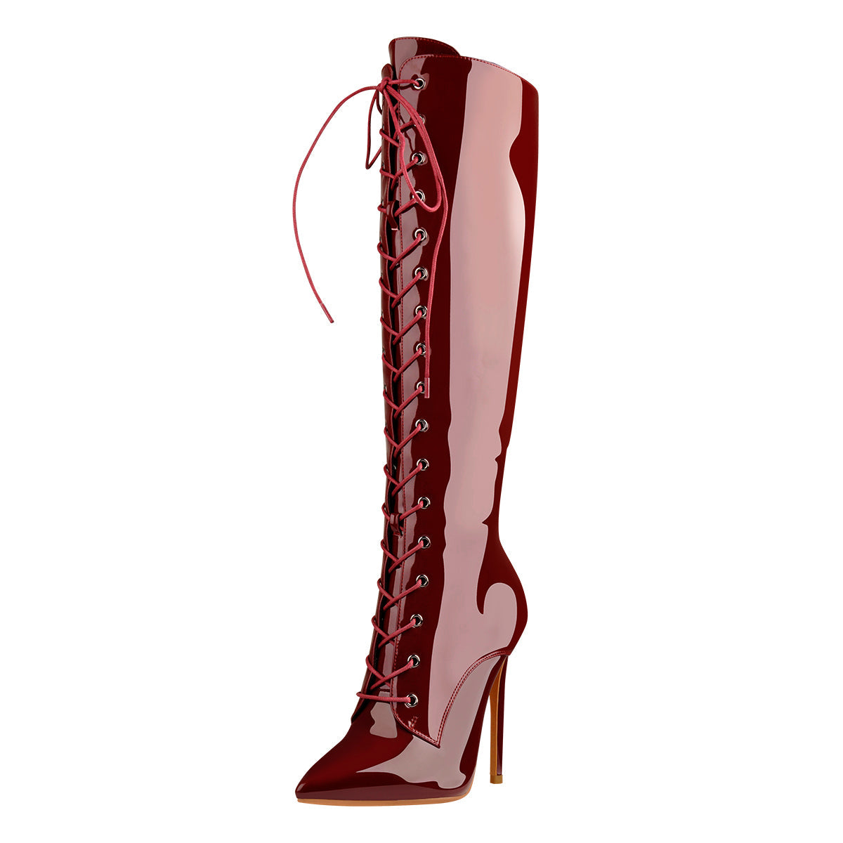 Burgundy Patent Leather Lace Up Knee High Boots - Onlymaker