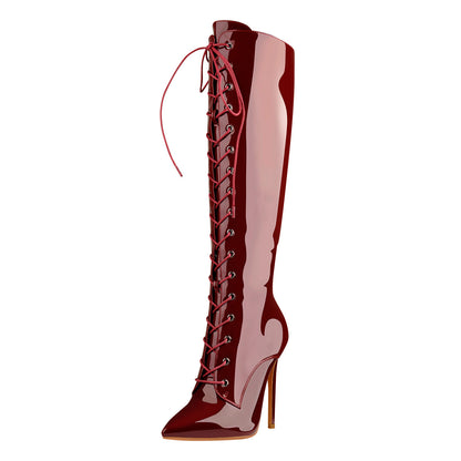 Burgundy Patent Leather Lace Up Knee High Boots - Onlymaker