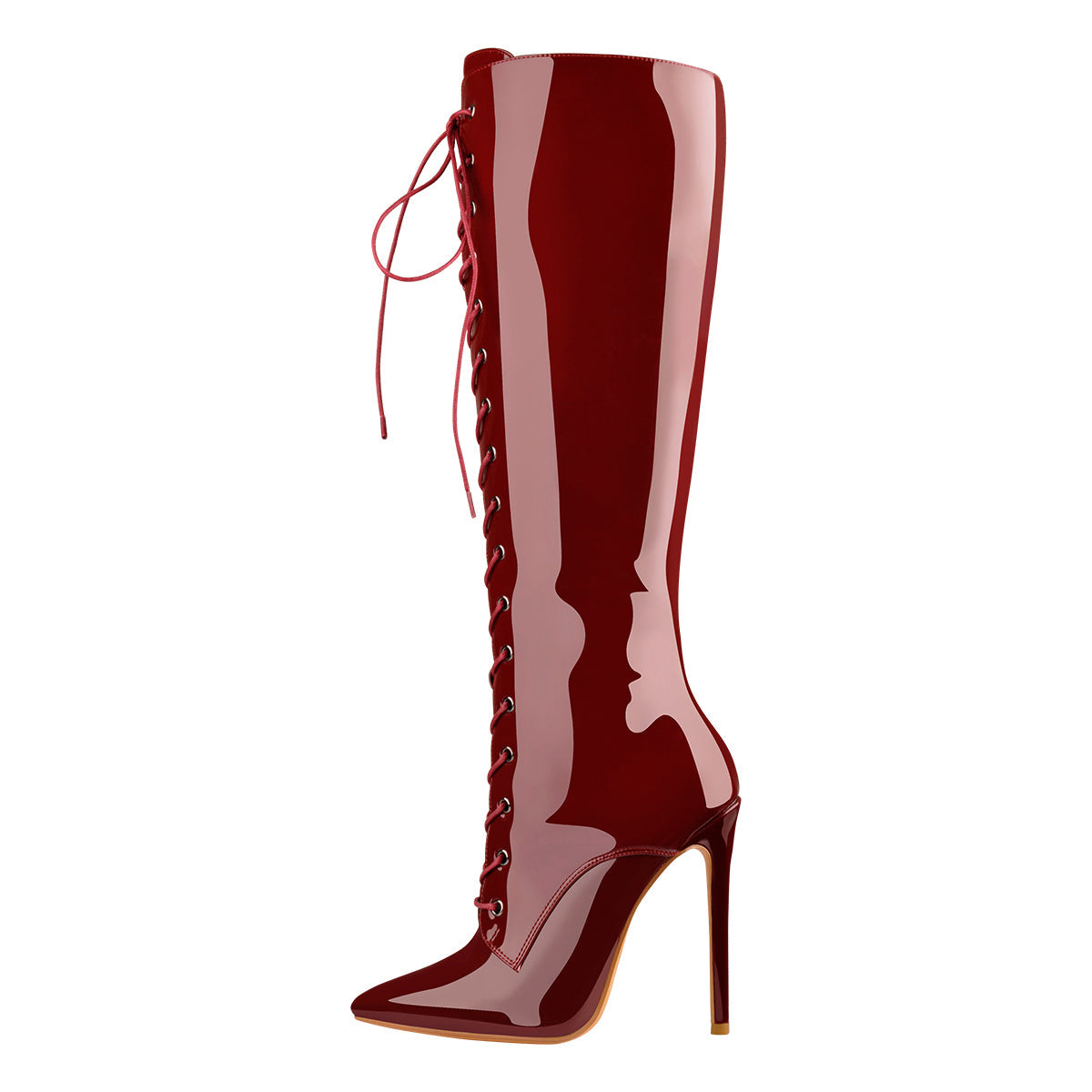 Burgundy Patent Leather Lace Up Knee High Boots - Onlymaker