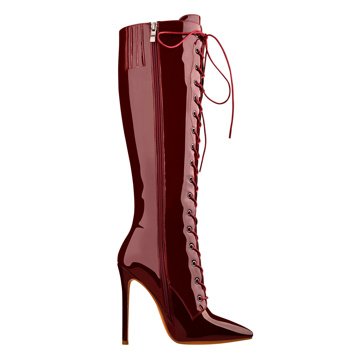 Burgundy Patent Leather Lace Up Knee High Boots - Onlymaker