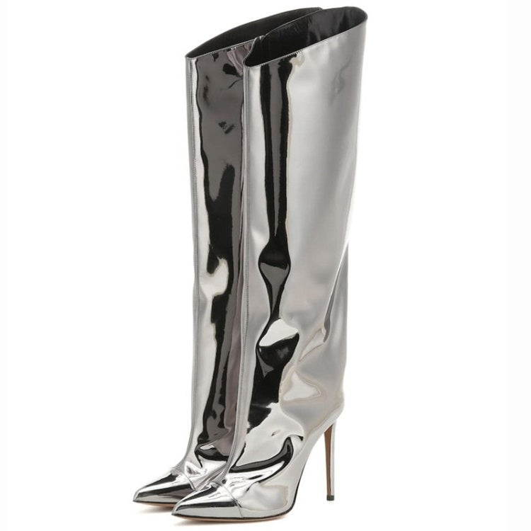 Metallic Leather Stiletto Knee High Boots - Onlymaker