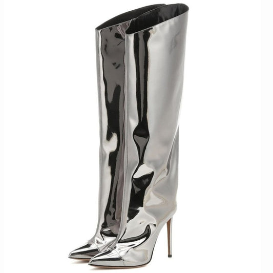 Metallic Leather Stiletto Knee High Boots - Onlymaker