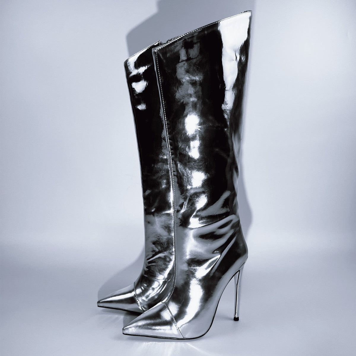 Metallic Leather Stiletto Knee High Boots - Onlymaker