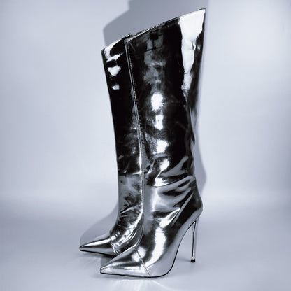 Metallic Leather Stiletto Knee High Boots - Onlymaker