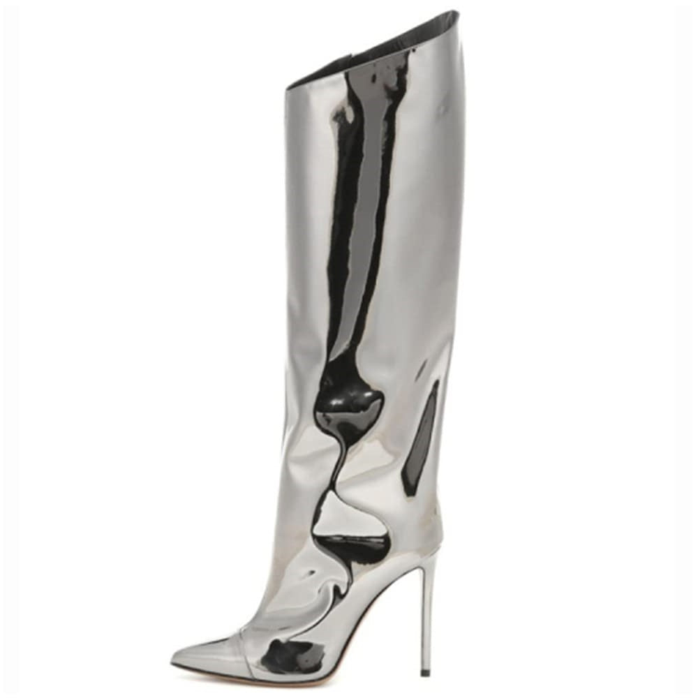 Metallic Leather Stiletto Knee High Boots - Onlymaker