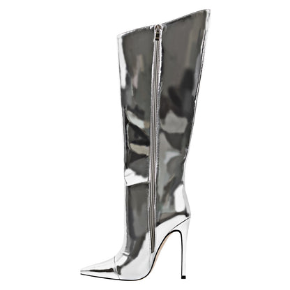 Metallic Leather Stiletto Knee High Boots - Onlymaker