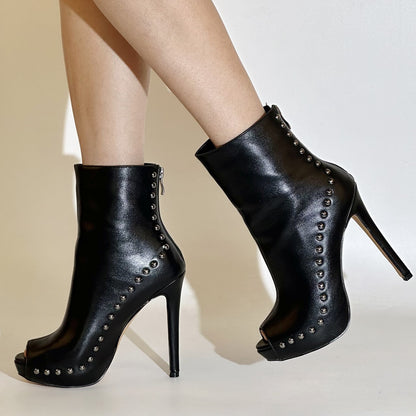 Peep Toe Platform Stiletto High Heel Rivet Ankle Boots - Onlymaker