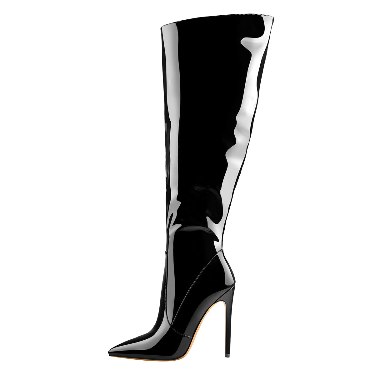 Black Patent Leather Zip Pointed Toe Knee High Boots - Onlymaker