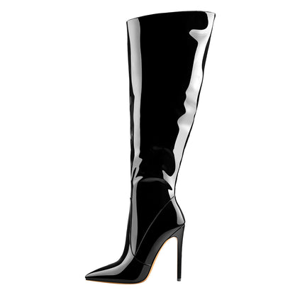 Black Patent Leather Zip Pointed Toe Knee High Boots - Onlymaker