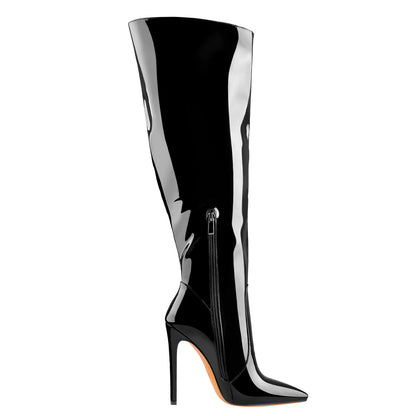 Black Patent Leather Zip Pointed Toe Knee High Boots - Onlymaker
