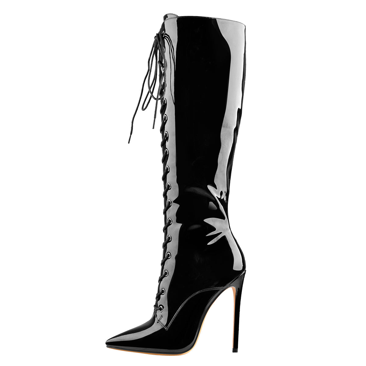 Black Patent Leather Lace Up Pointed Toe Knee High Boots - Onlymaker