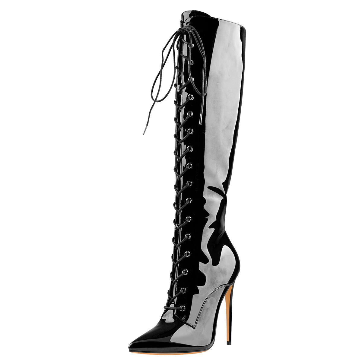 Black Patent Leather Lace Up Pointed Toe Knee High Boots - Onlymaker
